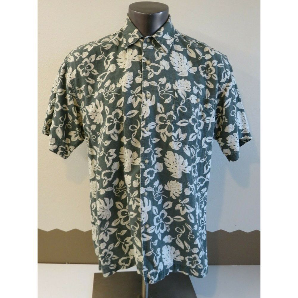 Mens Bugle Boy Short Sleeve Button Front Shirt Vintage Green Floral Size L Ramie
